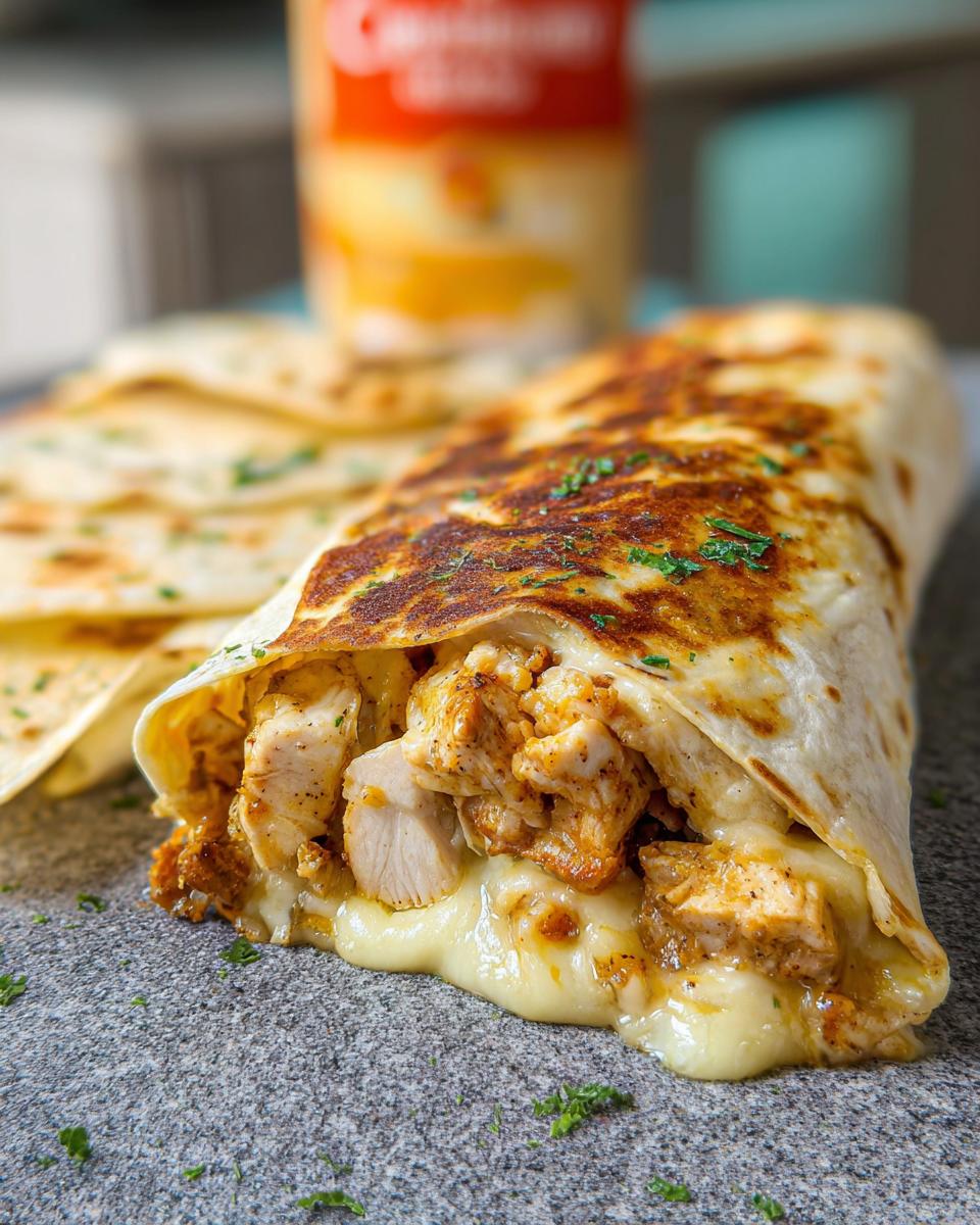A close-up of a Cozy Cheesy Garlic Chicken Wrap, showing tender chicken and melted cheese spilling out.