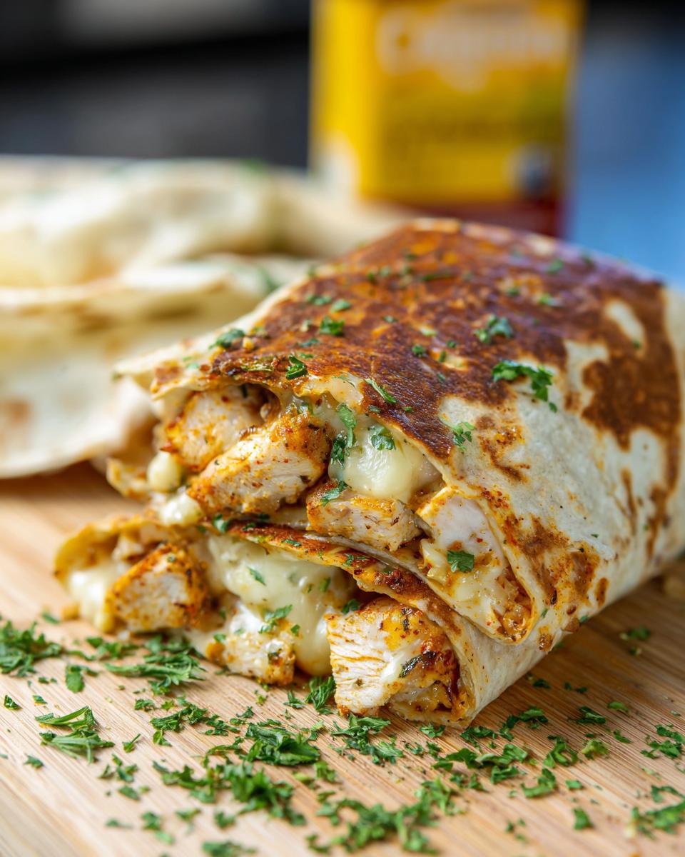 A close-up of Cozy Cheesy Garlic Chicken Wraps, filled with seasoned chicken and melted cheese, garnished with parsley.