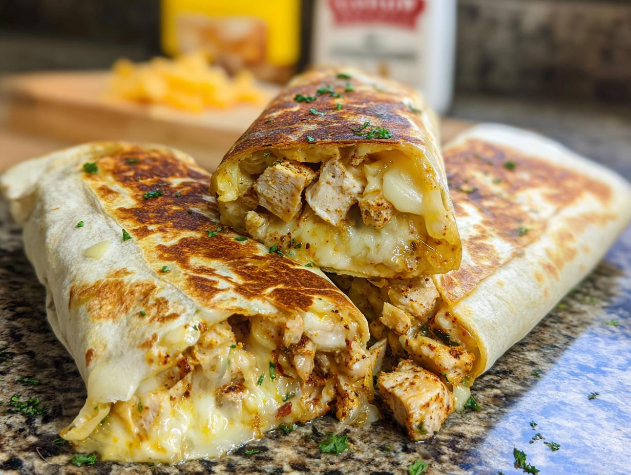 Close-up of Cozy Cheesy Garlic Chicken Wraps, showing tender chicken and melted cheese spilling out.