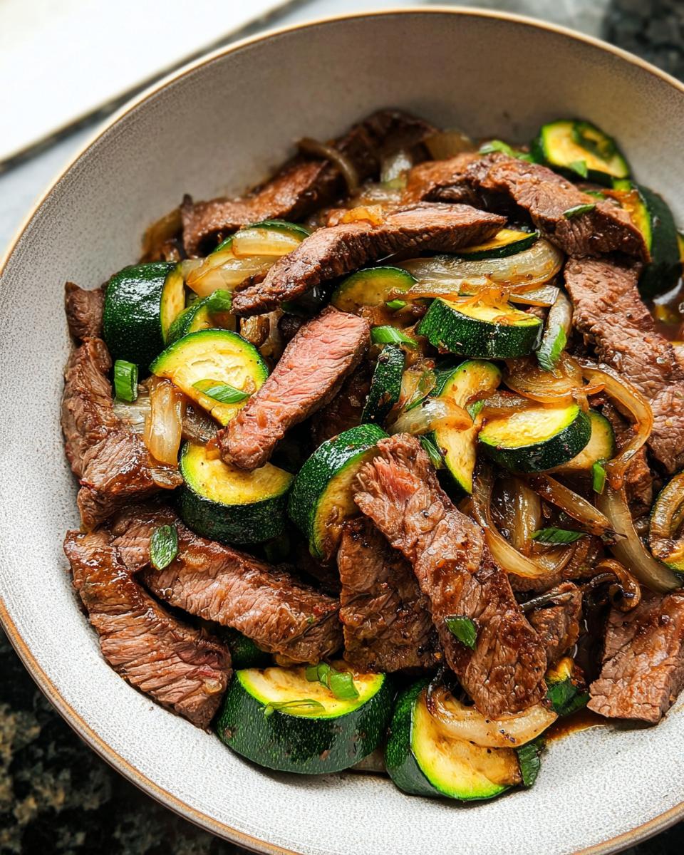A close-up of a Cozy Grilled Steak Bowl with Zucchini, featuring sliced steak, zucchini rounds, and onions in a savory sauce.