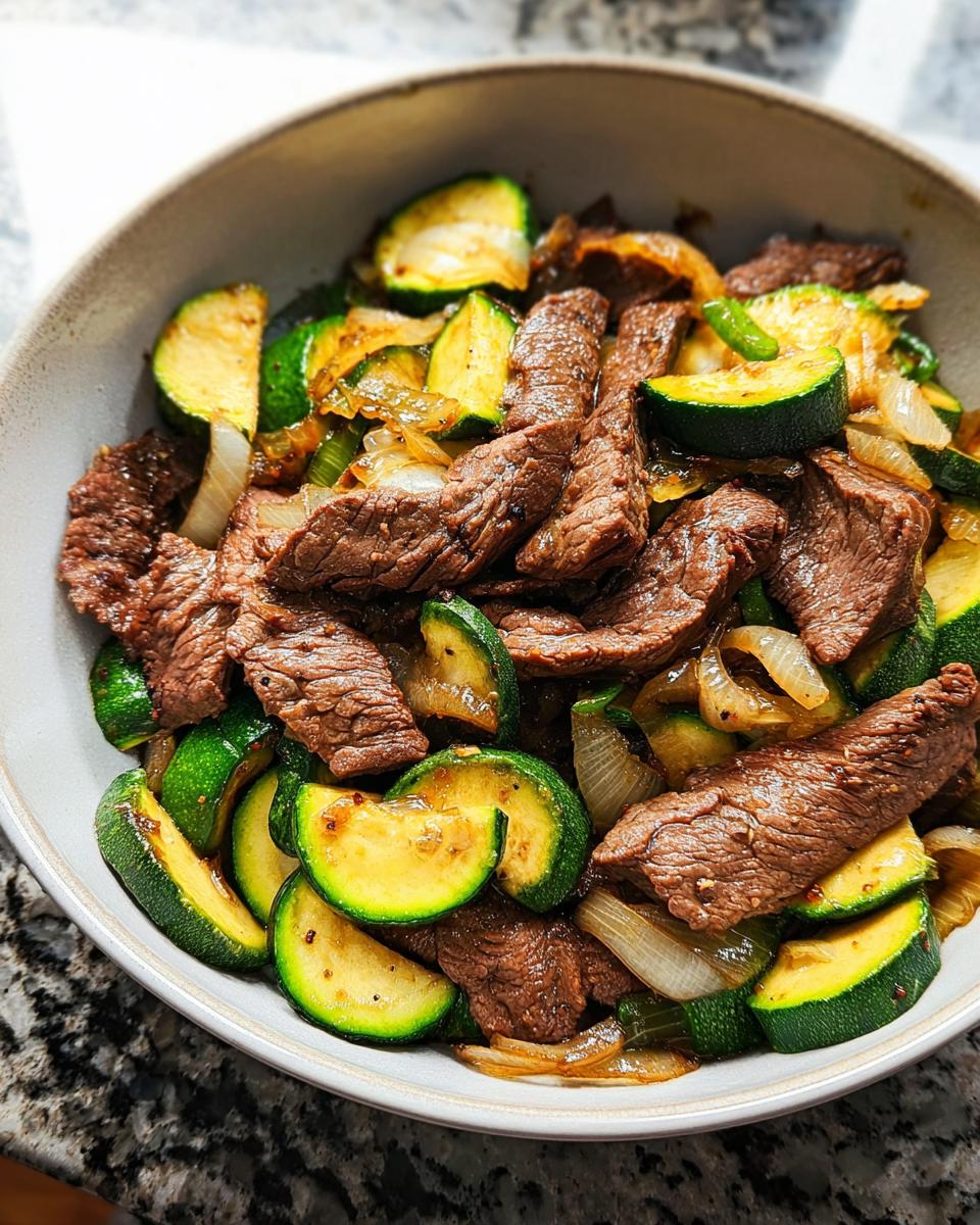 Close-up of a Cozy Grilled Steak Bowl with Zucchini, featuring sliced grilled steak, zucchini rounds, and onions.