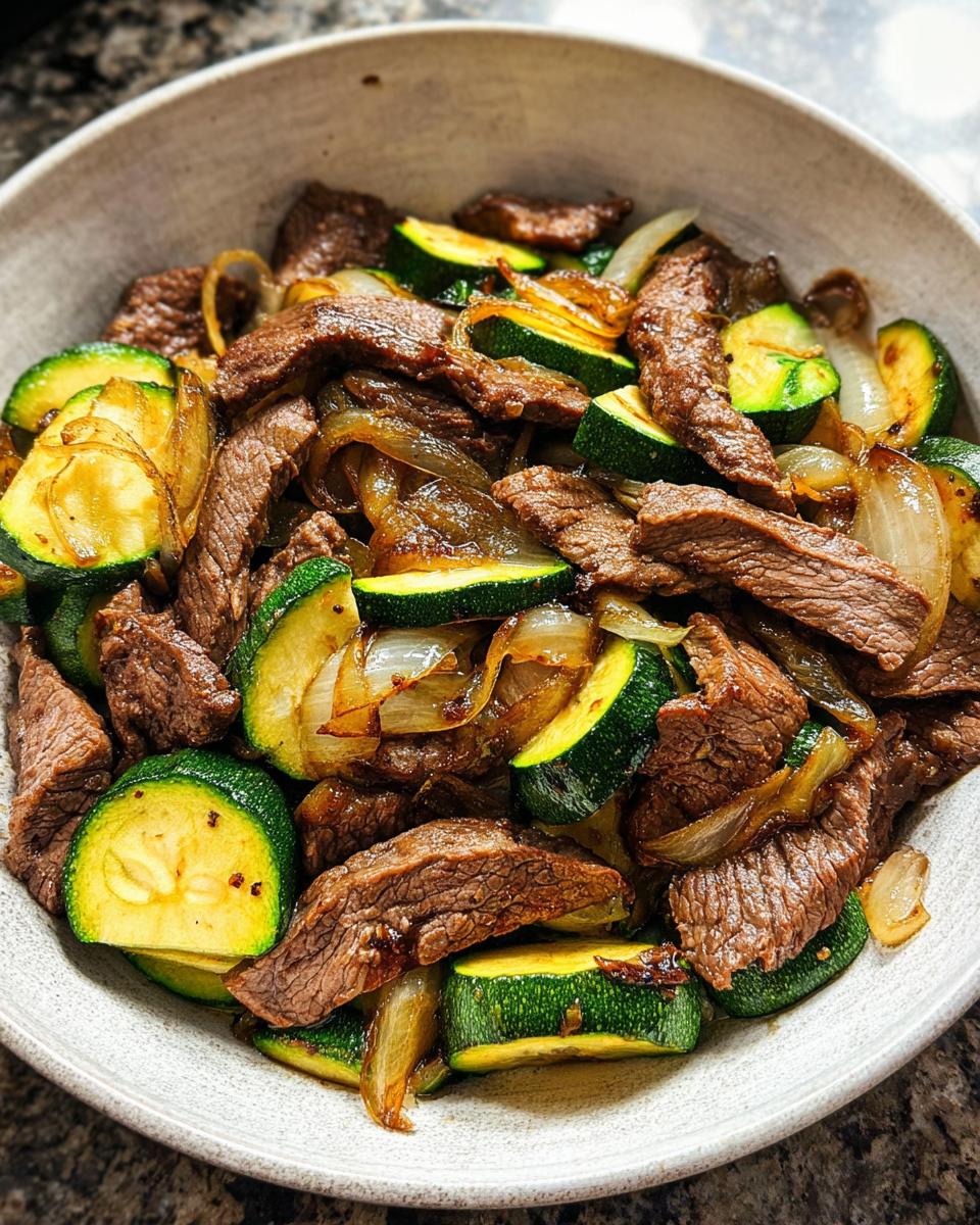 A close-up view of a Cozy Grilled Steak Bowl with Zucchini, featuring tender steak strips, sautéed zucchini slices, and caramelized onions in a rustic bowl.