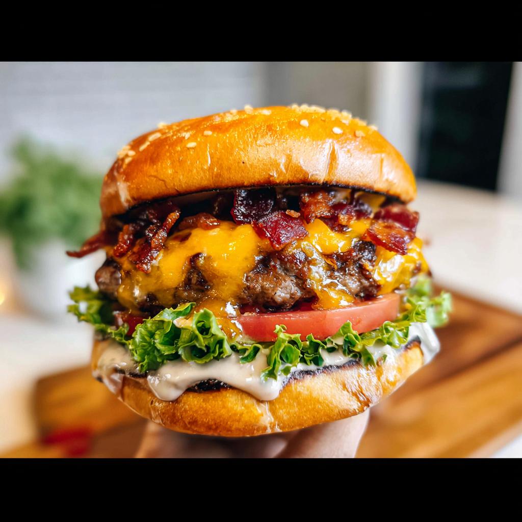 Close-up of a delicious Crack Burger piled high with crispy bacon, melted cheese, lettuce, and tomato.