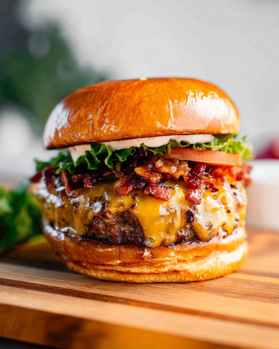 A close-up of a delicious Crack Burger loaded with crispy bacon, melted cheddar cheese, fresh lettuce, and tomato on a toasted bun.