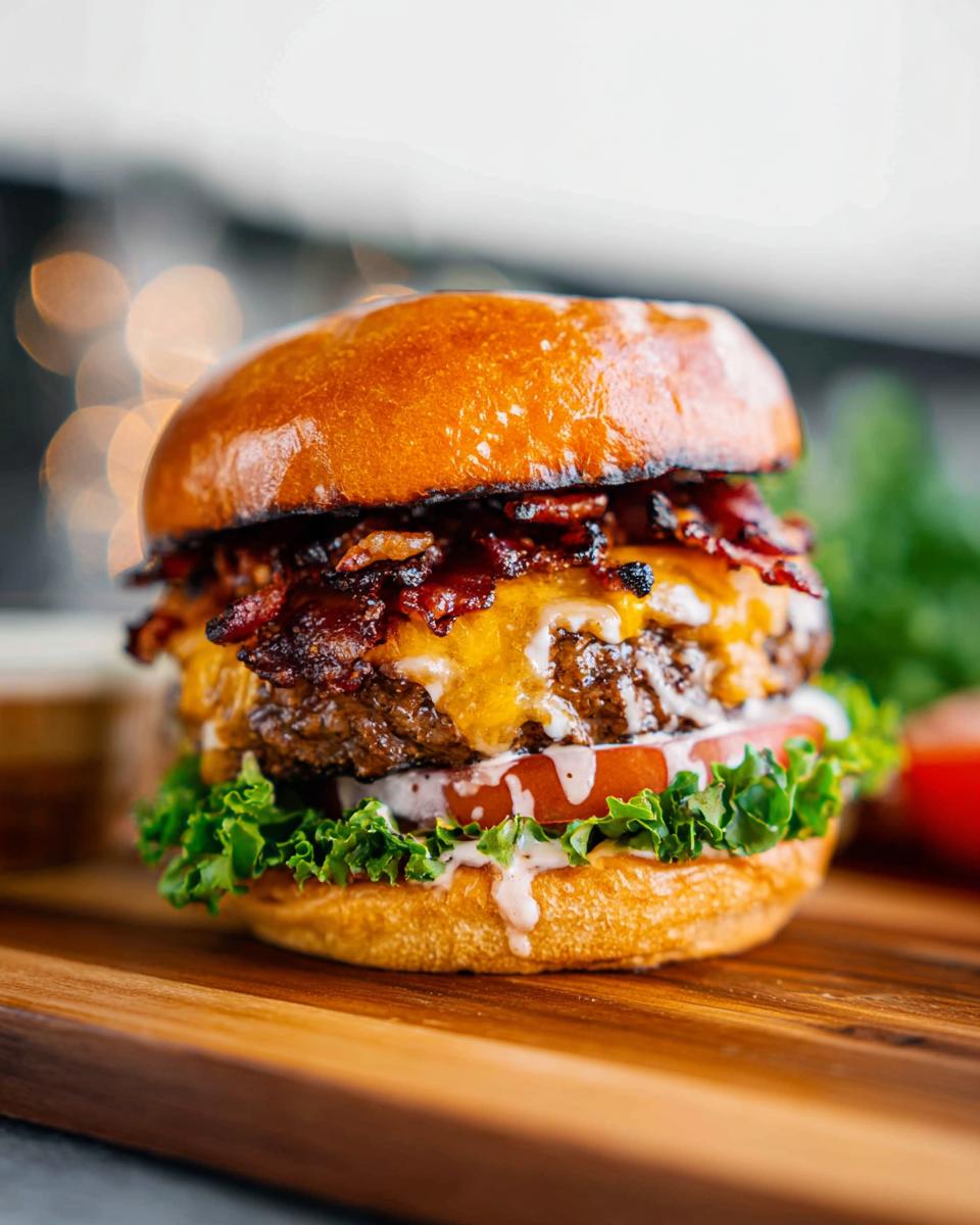A delicious Crack Burger stacked with a beef patty, melted cheese, crispy bacon, lettuce, tomato, and sauce.