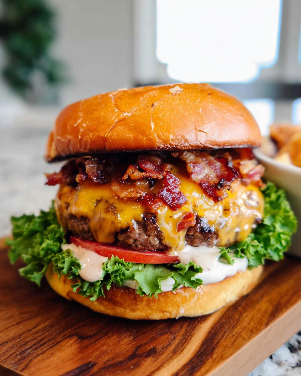 A delicious Crack Burger stacked with a beef patty, melted cheese, crispy bacon, lettuce, tomato, and sauce on a toasted bun.