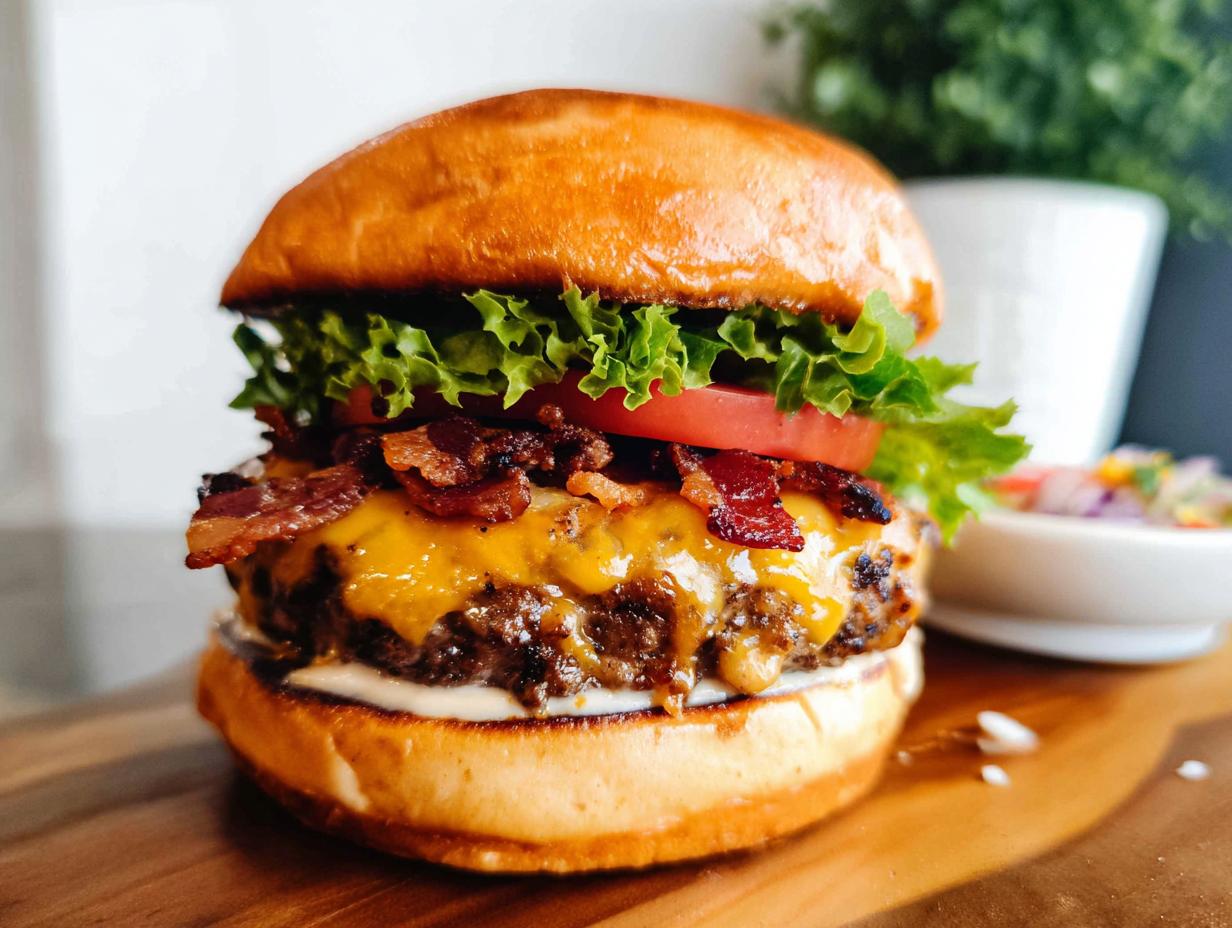 A juicy Crack Burger piled high with crispy bacon, melted cheddar cheese, lettuce, and tomato on a toasted bun.