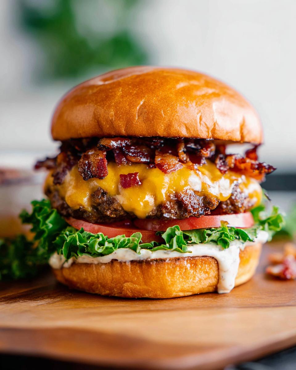 A delicious Crack Burger with melted cheese, crispy bacon, fresh lettuce, tomato, and sauce on a toasted bun.