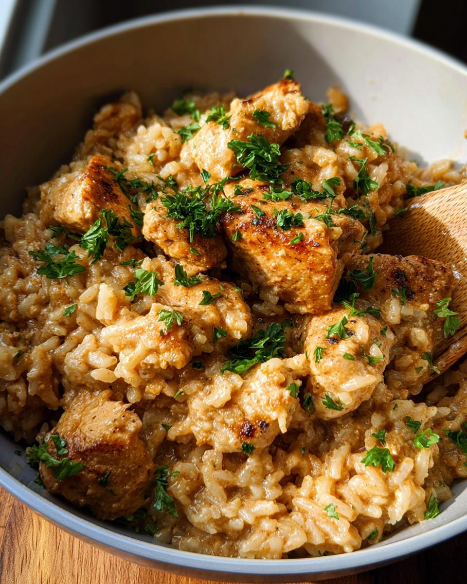 Close-up of a bowl filled with Creamy Cajun Chicken & Rice Bowls, topped with fresh parsley.