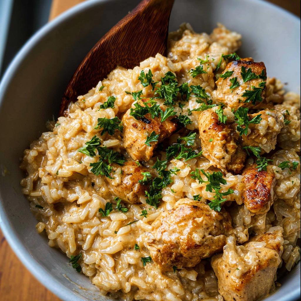 Close-up of Creamy Cajun Chicken & Rice Bowls topped with fresh parsley and a wooden spoon.