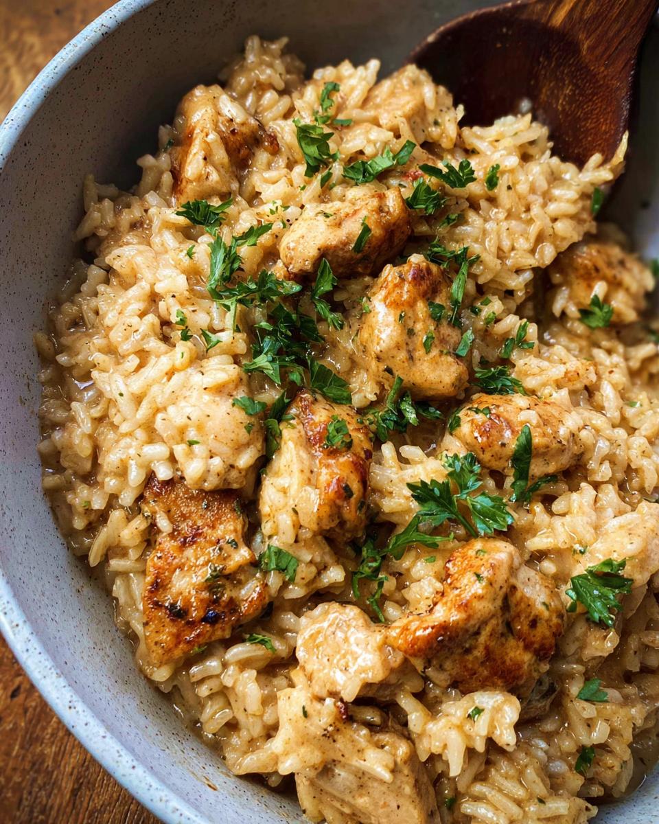 Close-up of Creamy Cajun Chicken & Rice Bowls, featuring tender chicken pieces and fluffy rice in a rich sauce, garnished with parsley.