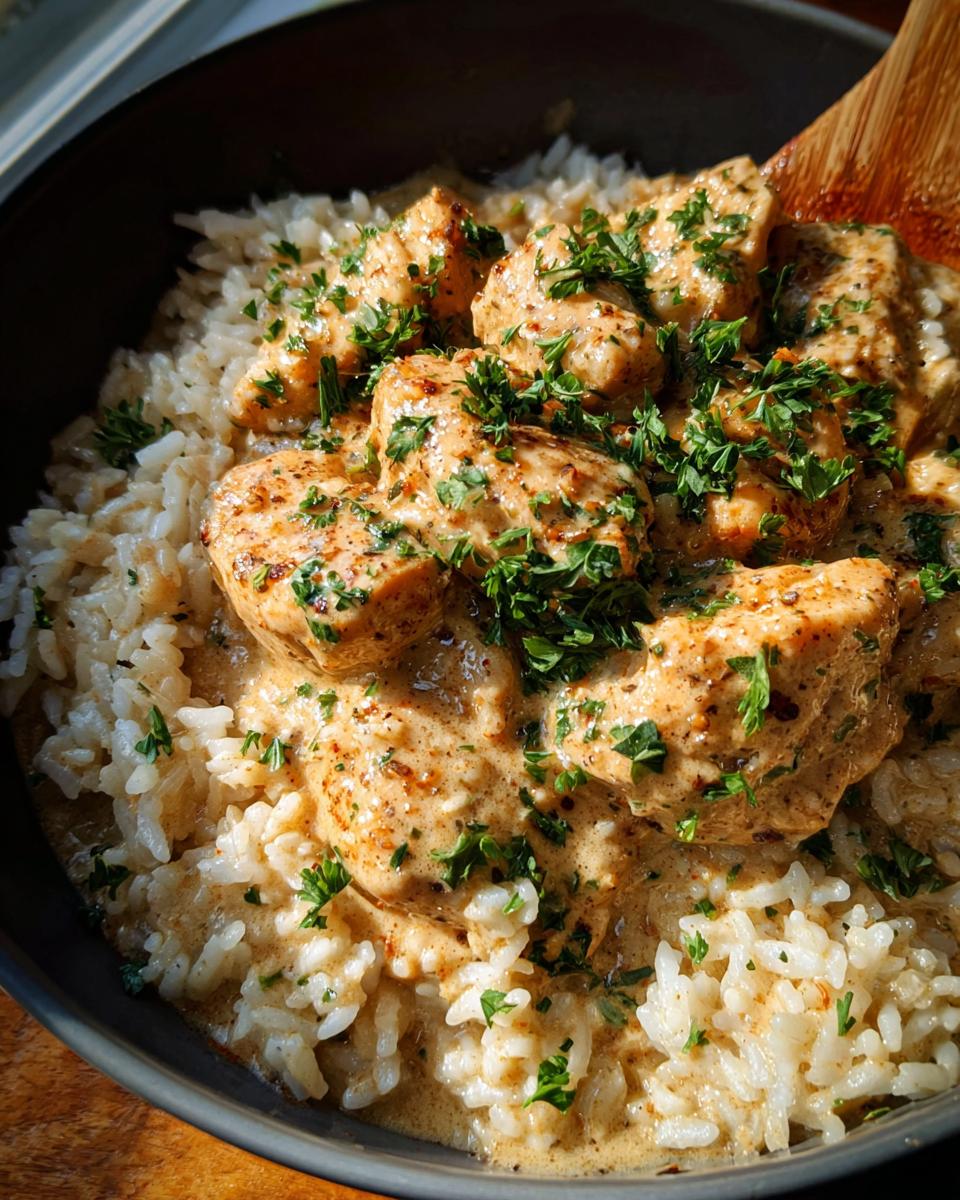 Close-up of Creamy Cajun Chicken & Rice Bowls, featuring tender chicken pieces in a rich sauce over fluffy white rice, garnished with fresh parsley.