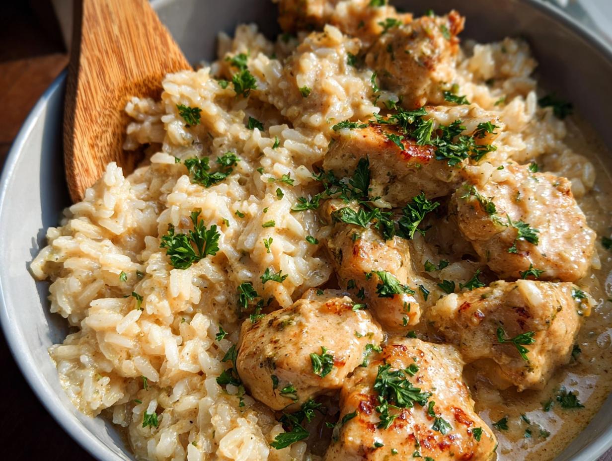 Close-up of Creamy Cajun Chicken & Rice Bowls, featuring tender chicken pieces in a rich sauce with fluffy rice, garnished with fresh parsley.