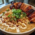 A bowl of Creamy Garlic Chicken Ramen with sliced grilled chicken, noodles, and green onions.