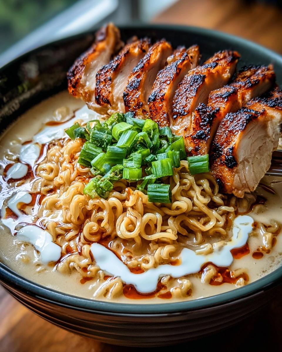 A close-up of a bowl of Creamy Garlic Chicken Ramen, topped with sliced grilled chicken and green onions.