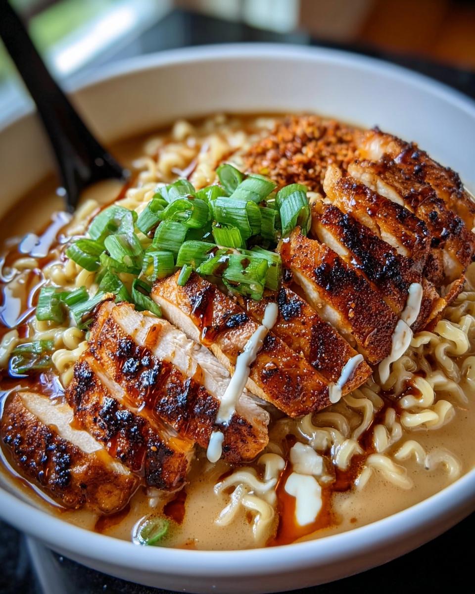 A close-up of a bowl of Creamy Garlic Chicken Ramen, featuring sliced grilled chicken, ramen noodles, and green onions.