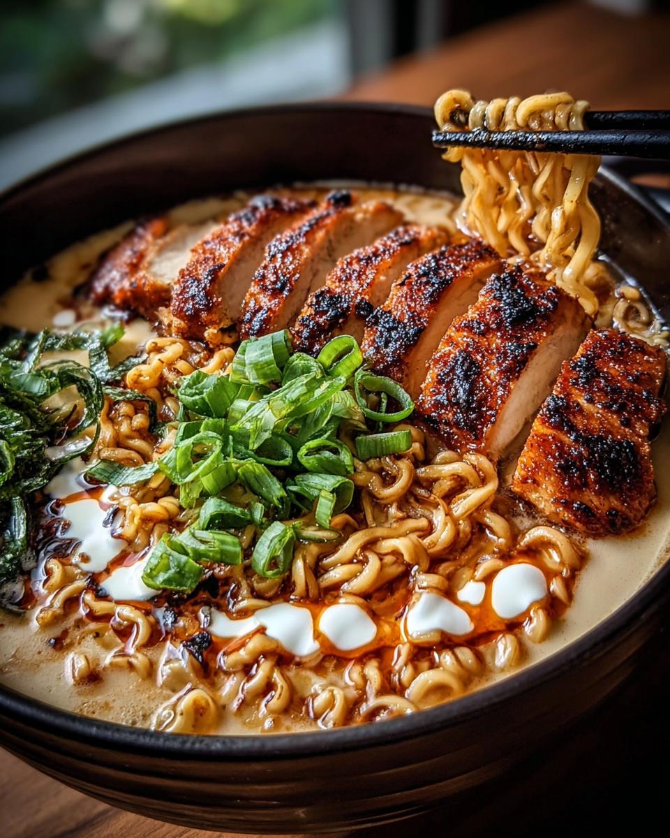 A close-up of a steaming bowl of Creamy Garlic Chicken Ramen, featuring tender noodles, sliced grilled chicken, and green onions.