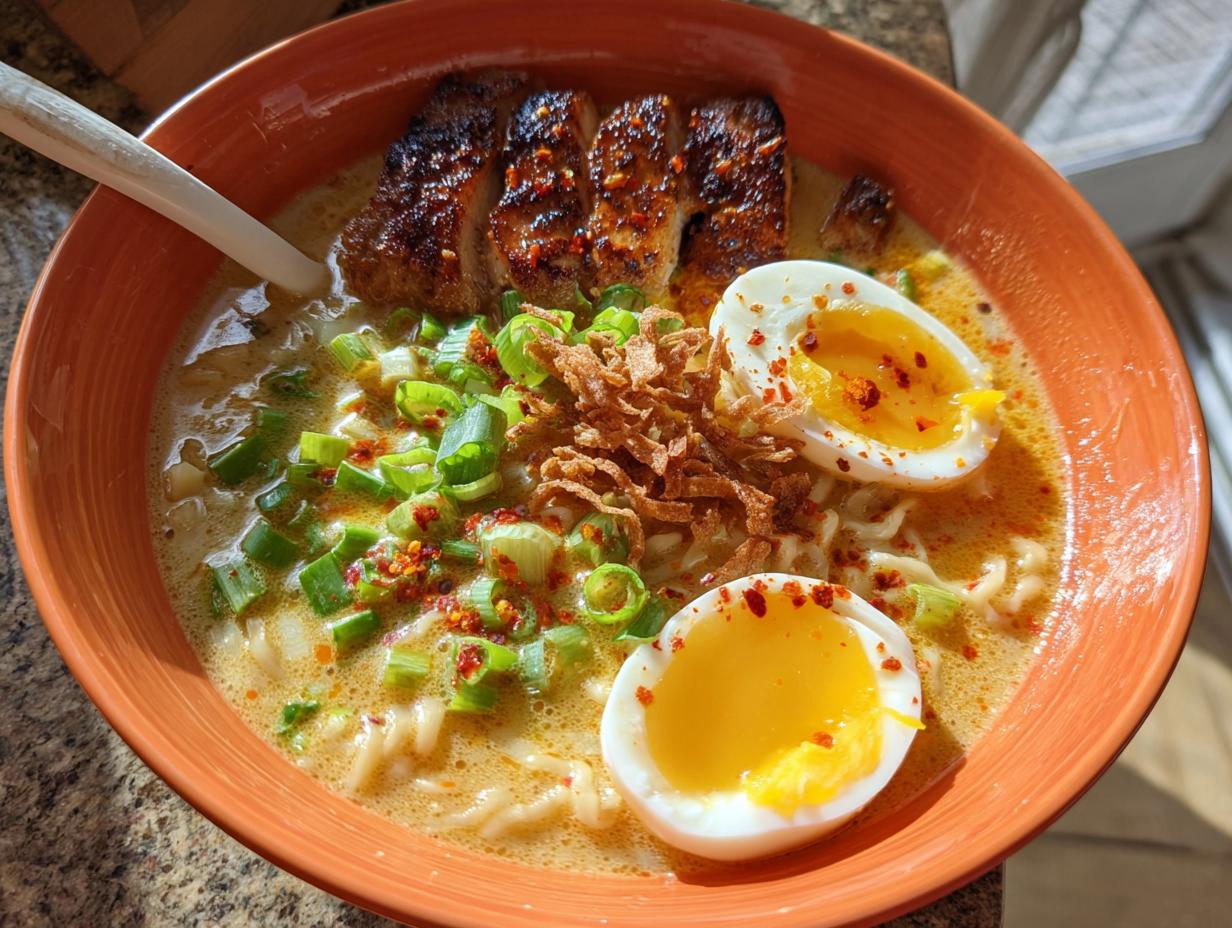 A close-up of a steaming bowl of Creamy Garlic Chicken Ramen, topped with sliced chicken, soft-boiled eggs, and green onions.