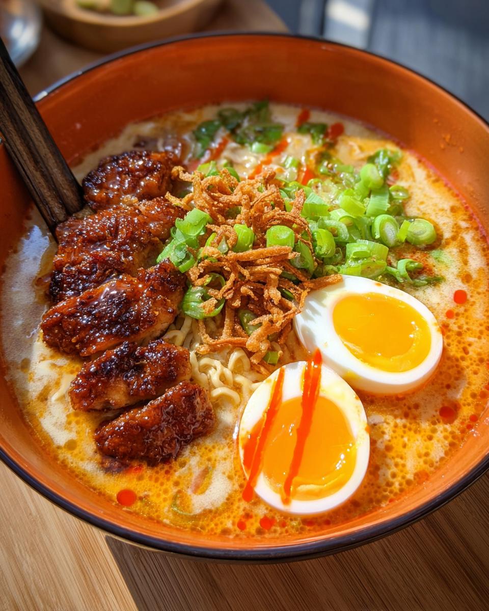 A bowl of Creamy Garlic Chicken Ramen topped with glazed chicken pieces, soft-boiled eggs, and green onions.