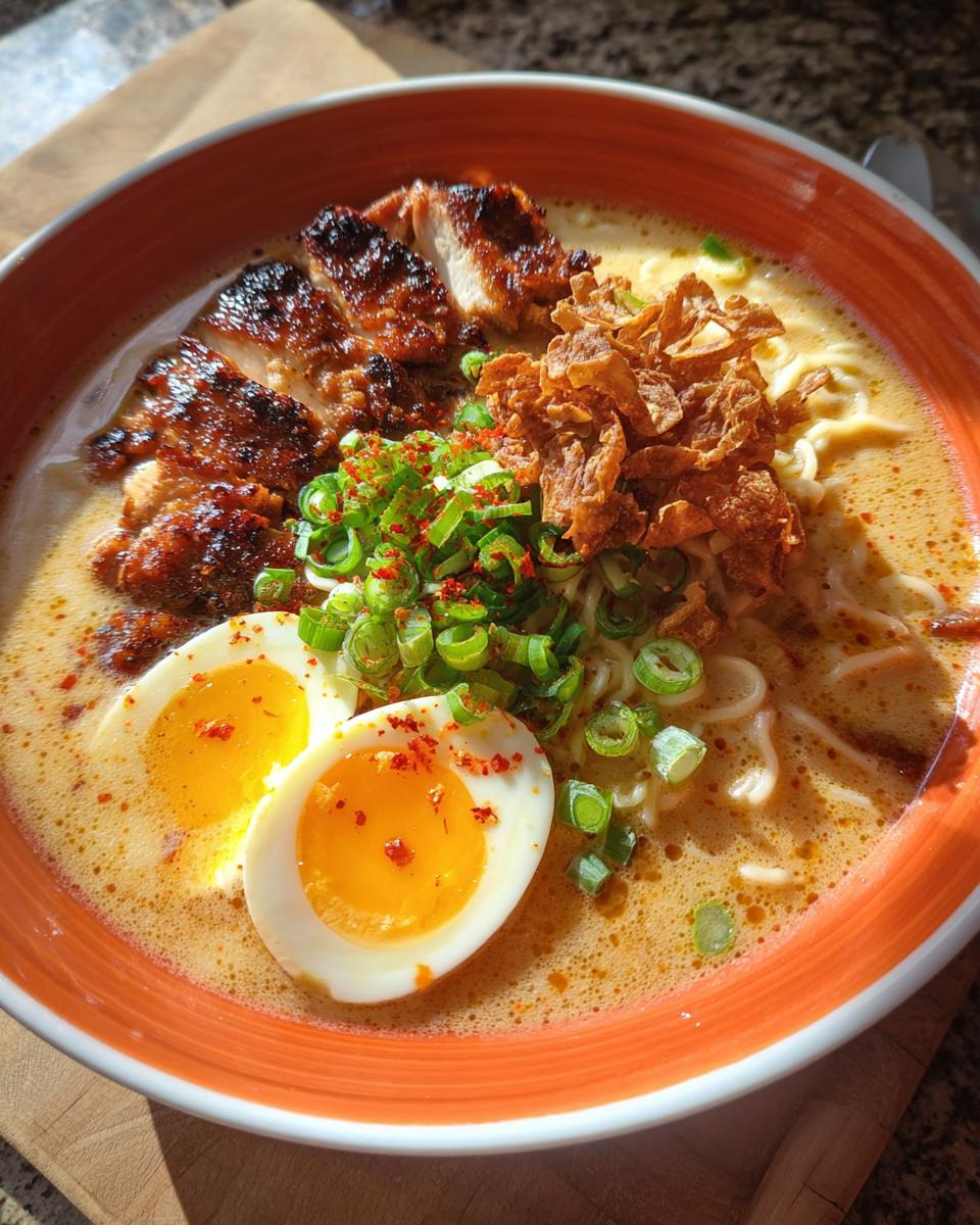 A steaming bowl of Creamy Garlic Chicken Ramen, topped with sliced chicken, a soft-boiled egg, green onions, and crispy fried onions.