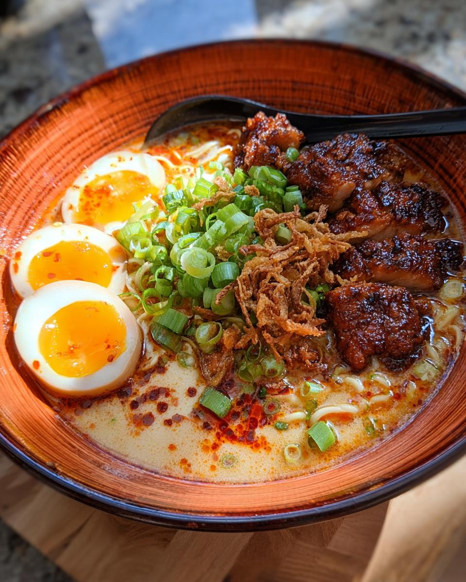 A bowl of Creamy Garlic Chicken Ramen topped with soft-boiled eggs, crispy chicken pieces, and green onions.