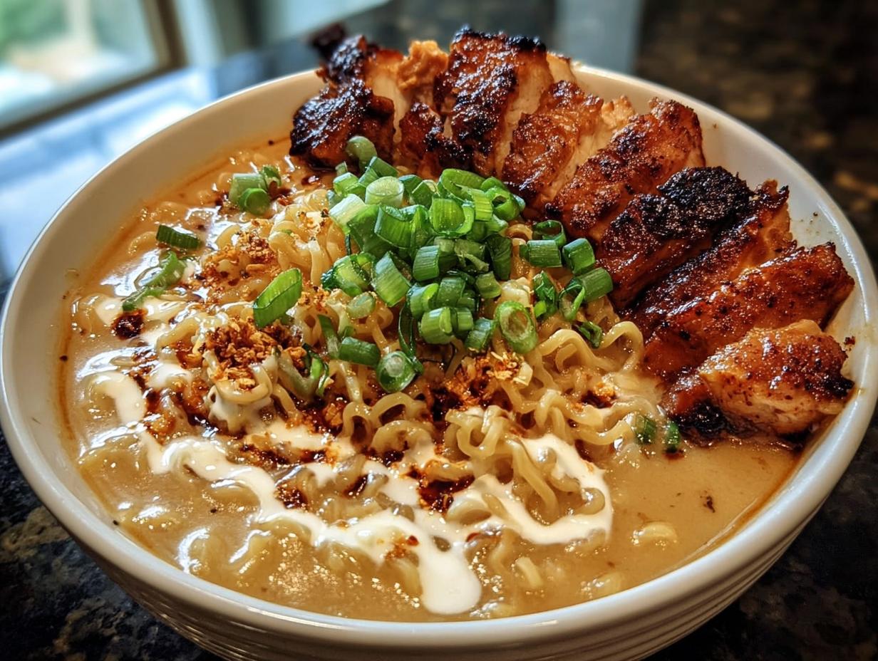 A bowl of Creamy Garlic Chicken Ramen with sliced grilled chicken, noodles, and green onions.