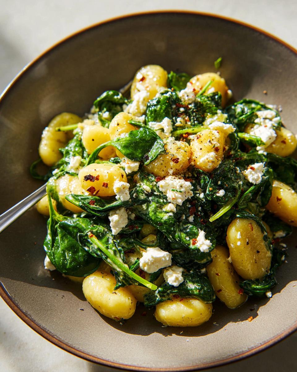 A close-up of a bowl of creamy gnocchi with spinach and feta cheese, sprinkled with red pepper flakes.