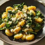 A close-up of a dark bowl filled with creamy gnocchi, wilted spinach, and crumbled feta cheese.