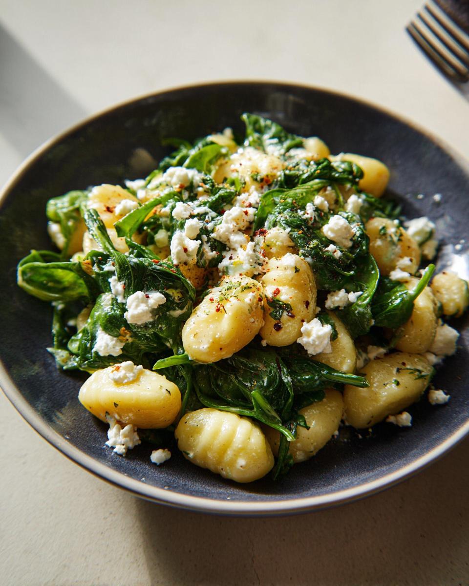 A close-up of creamy gnocchi with spinach and feta cheese, sprinkled with herbs and spices.