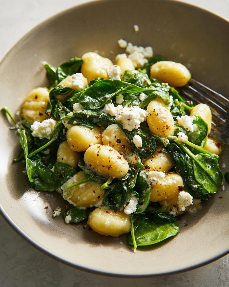 Close-up of creamy gnocchi with spinach and feta cheese, seasoned with chili flakes.