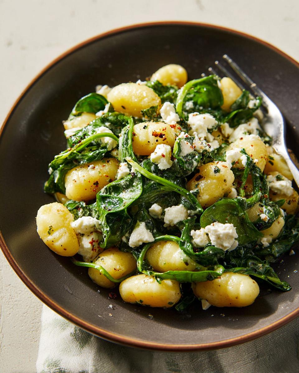 A close-up of creamy gnocchi with spinach and feta cheese, seasoned with chili flakes.