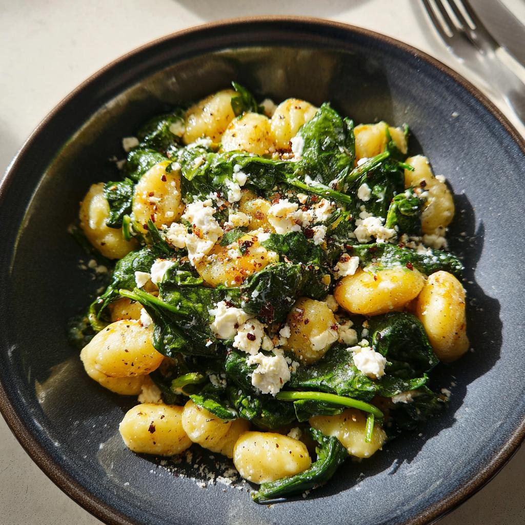 A close-up of a dark bowl filled with creamy gnocchi, wilted spinach, and crumbled feta cheese.