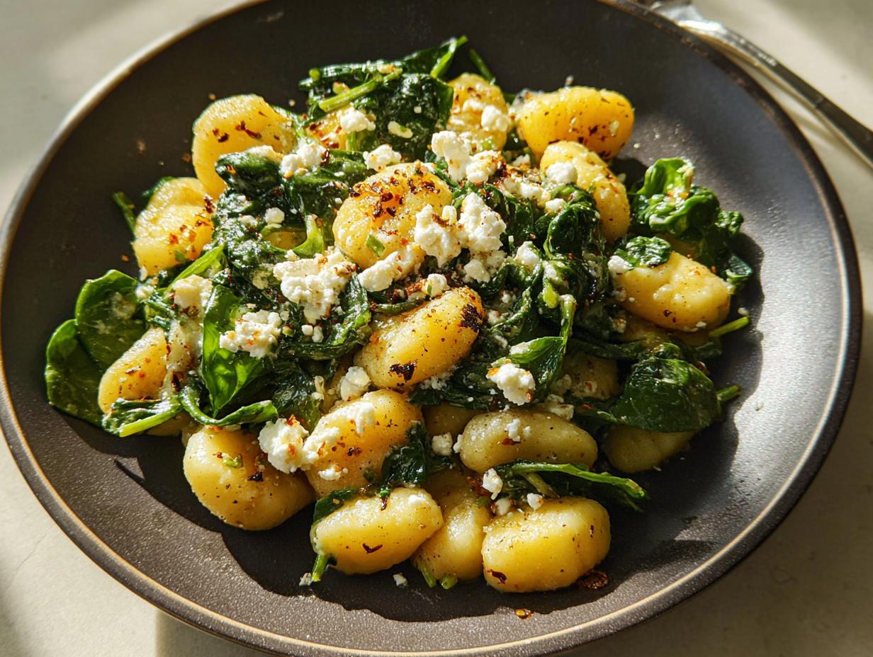 A close-up of a dark bowl filled with creamy gnocchi, wilted spinach, and crumbled feta cheese.