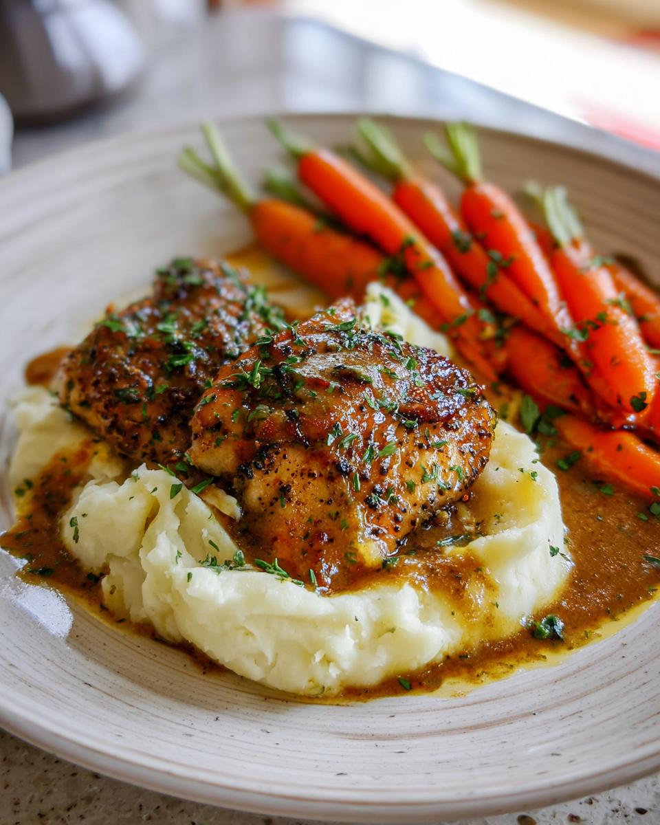 A plate of creamy herb chicken served with mashed potatoes and glazed carrots, drizzled with sauce and garnished with herbs.