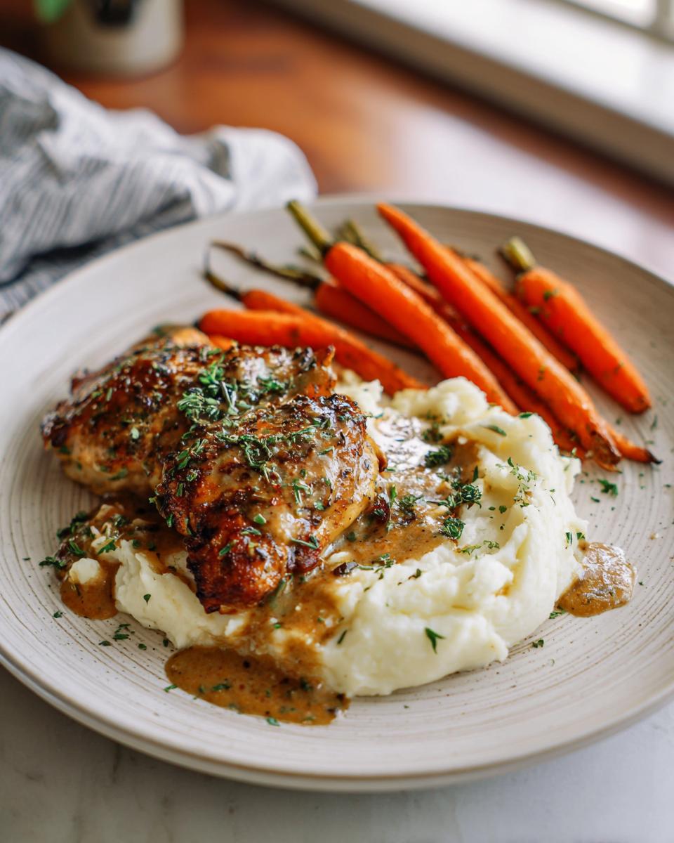 A plate of Creamy Herb Chicken with Mashed Potatoes and glazed carrots, drizzled with sauce and garnished with herbs.