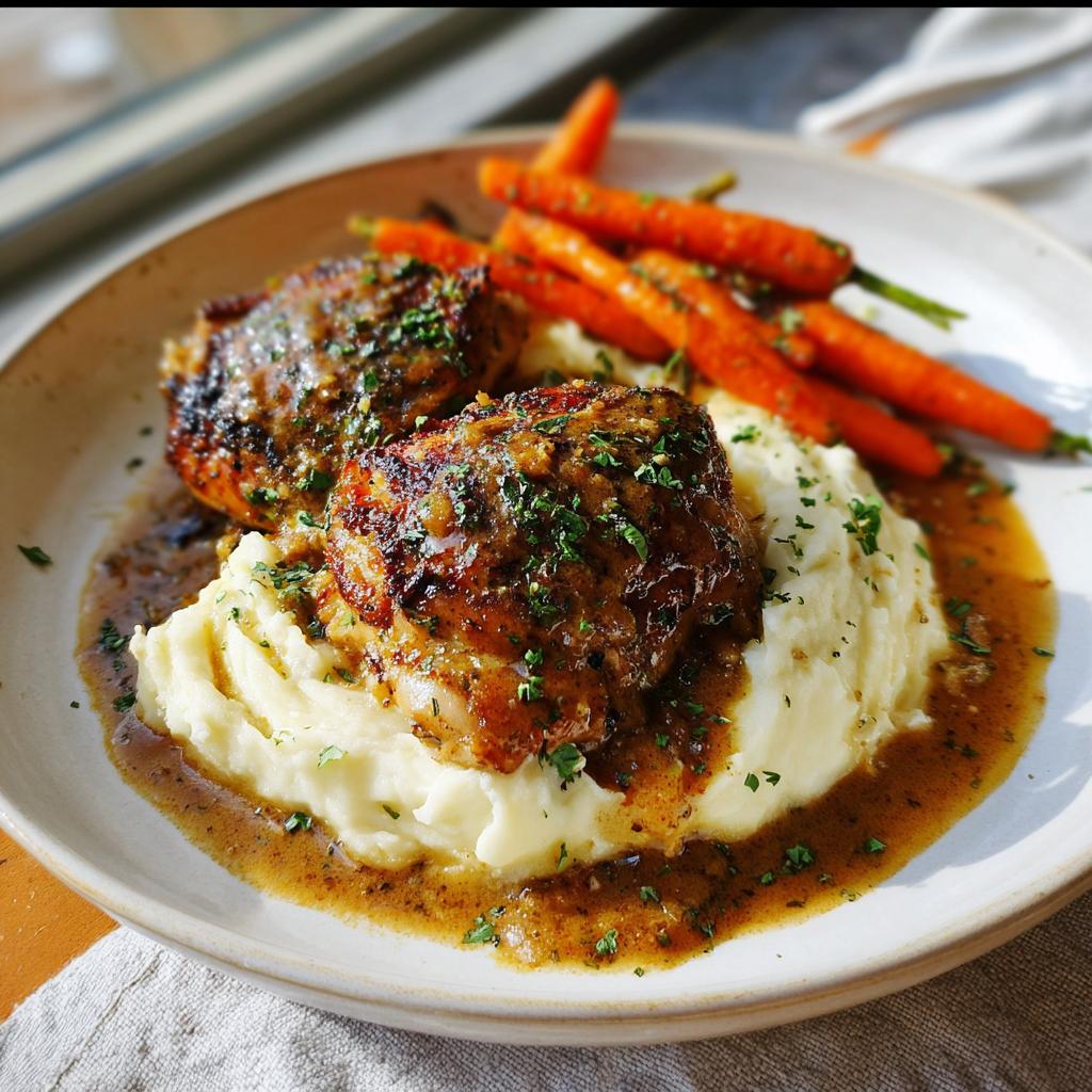 A plate of Creamy Herb Chicken with Mashed Potatoes & Glazed Carrots, garnished with fresh herbs.