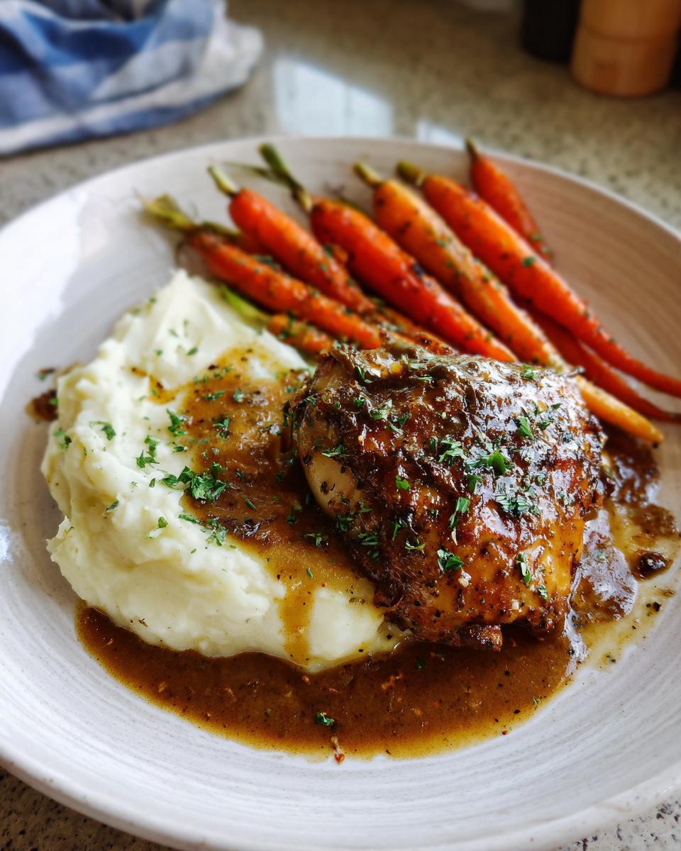 A plate of creamy herb chicken with mashed potatoes and glazed carrots, drizzled with sauce and garnished with parsley.