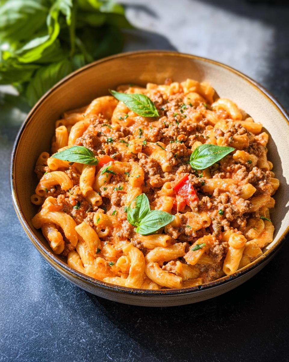 A bowl of Creamy High Protein Beef Pasta, garnished with fresh basil leaves.