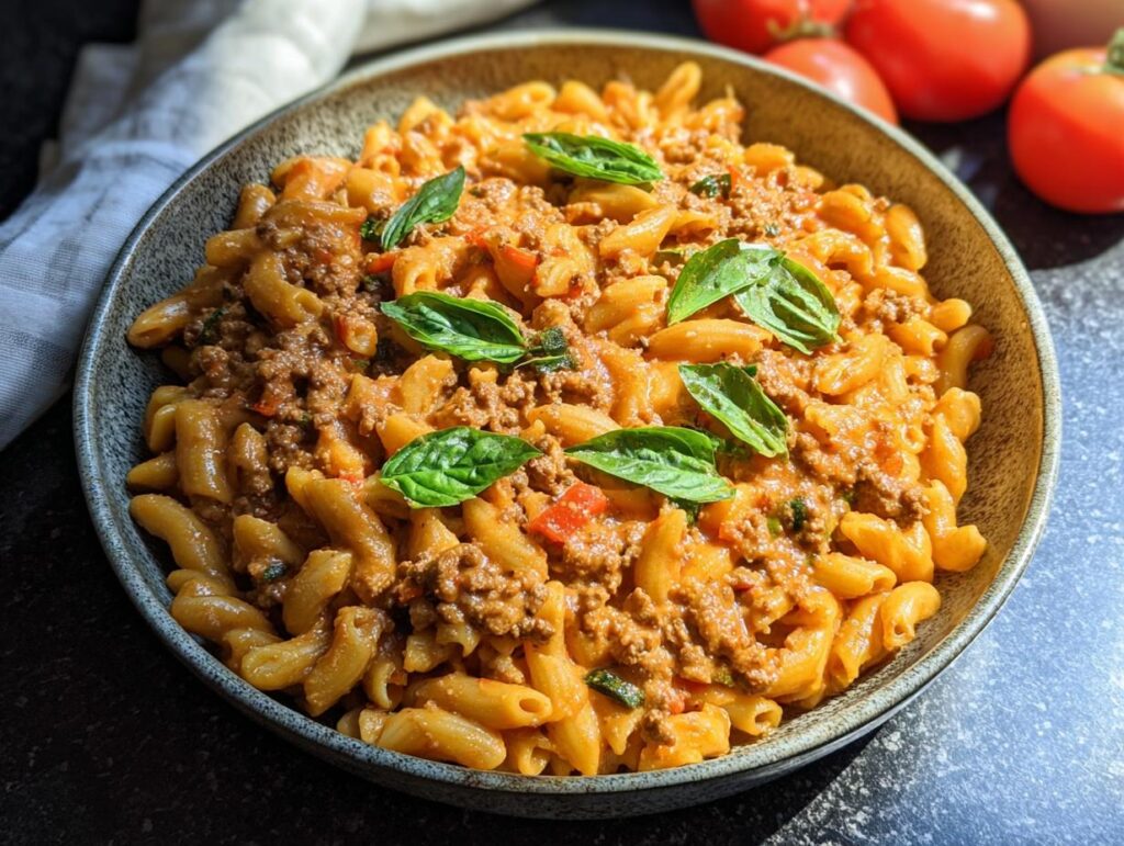 A bowl of Creamy High Protein Beef Pasta topped with fresh basil leaves.