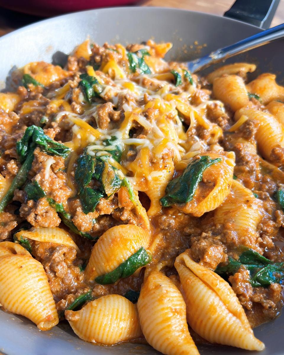 A close-up of Creamy High Protein Beef Pasta with spinach and melted cheese in a bowl.