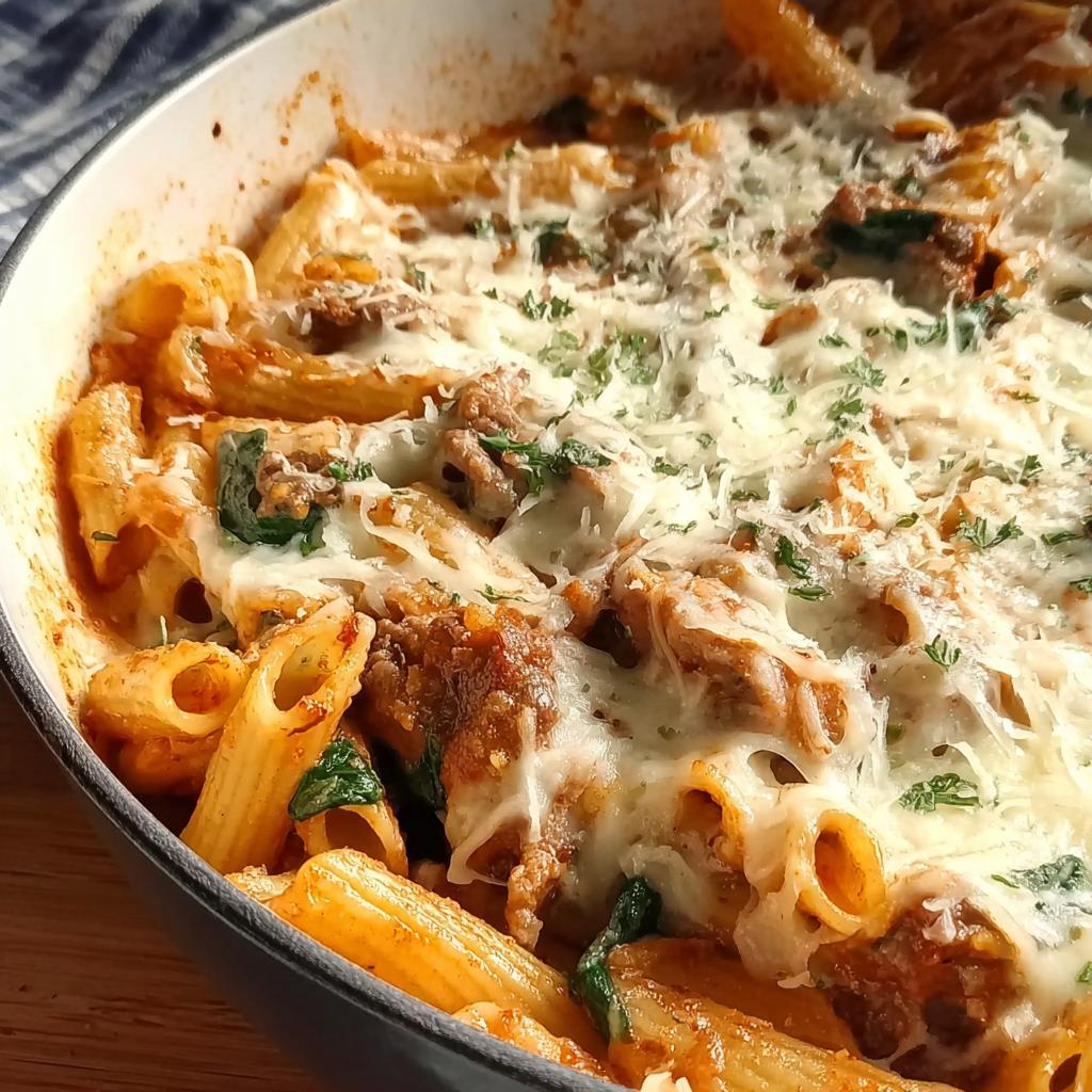 Close-up of a creamy high protein beef pasta bake in a skillet, topped with melted cheese and herbs.