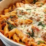 Close-up of a creamy high protein beef pasta bake in a white dish, topped with melted cheese and parsley.