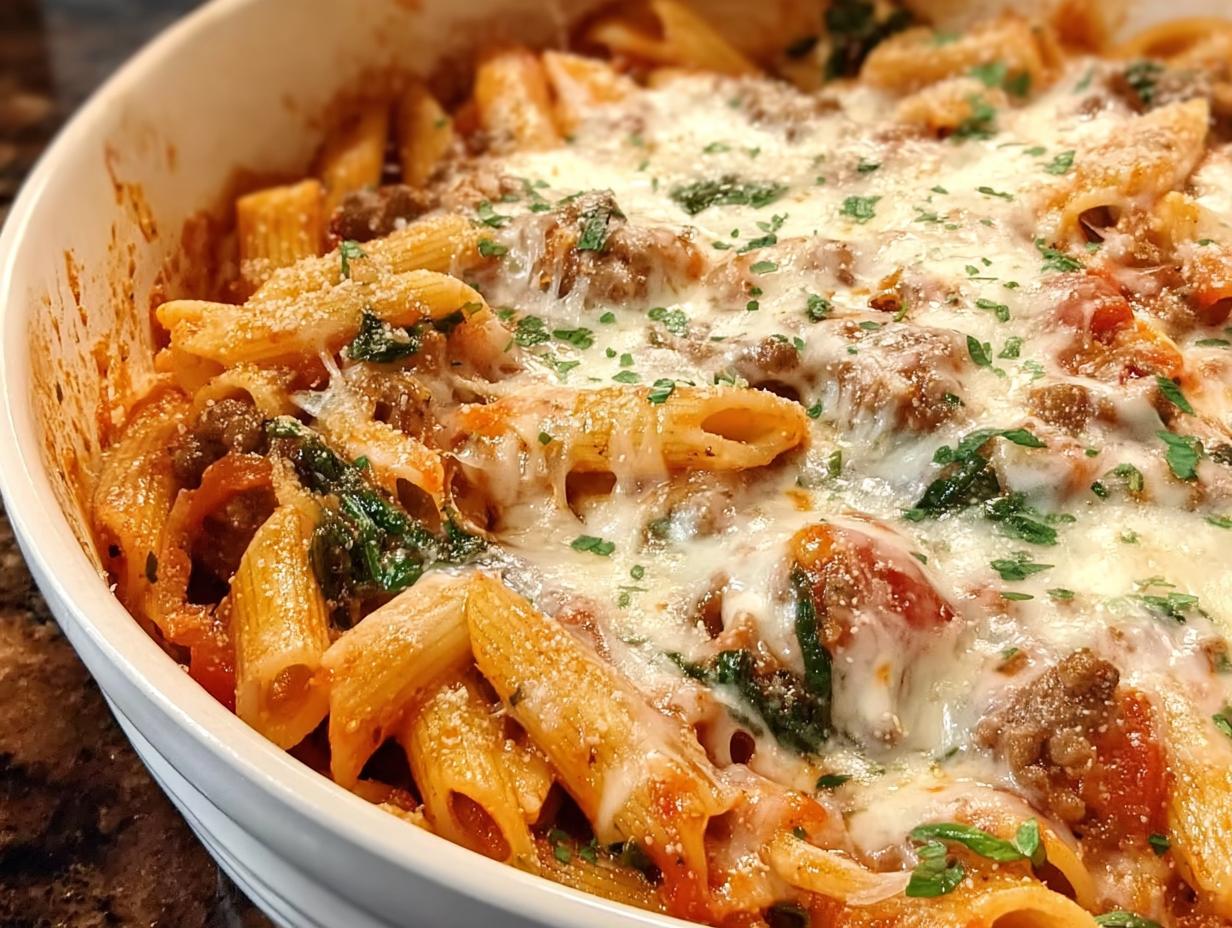 Close-up of a creamy high protein beef pasta bake in a white dish, topped with melted cheese and parsley.