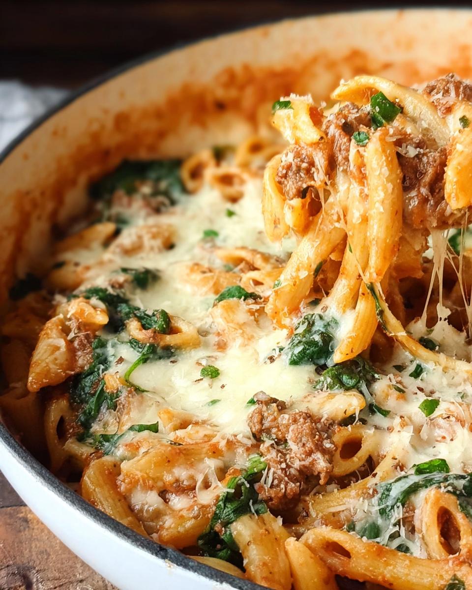 A serving spoon lifts a portion of Creamy High Protein Beef Pasta, revealing melted cheese, spinach, and rich beef sauce.
