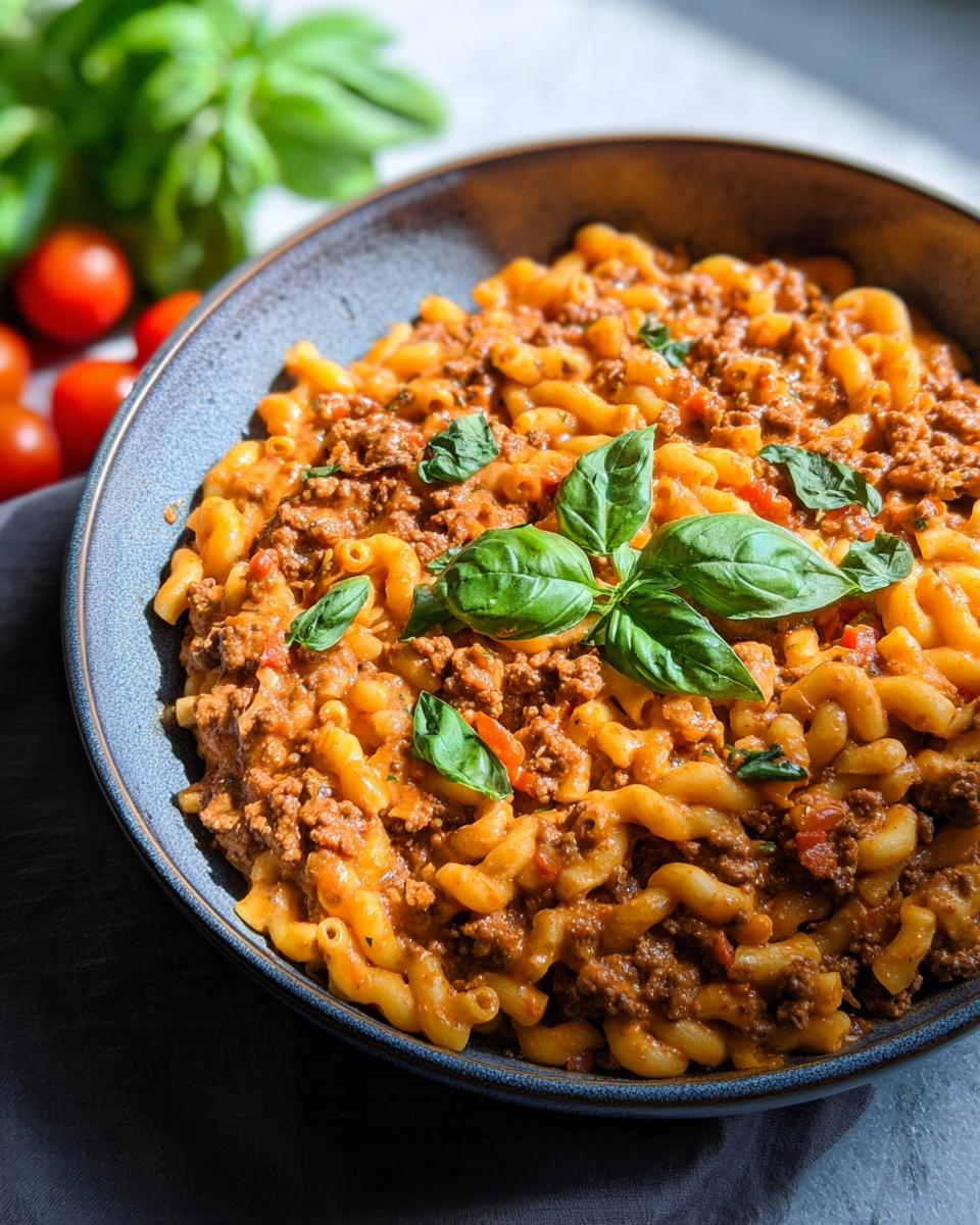 A bowl of Creamy High Protein Beef Pasta topped with fresh basil leaves and cherry tomatoes in the background.