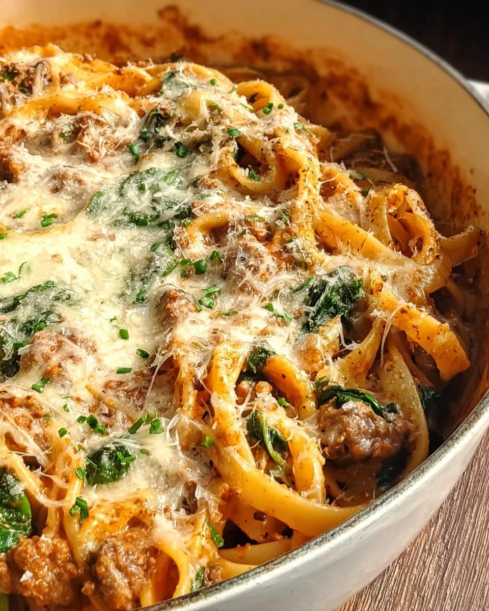 Close-up of a bowl of Creamy High Protein Beef Pasta, featuring pasta, ground beef, spinach, and melted cheese.