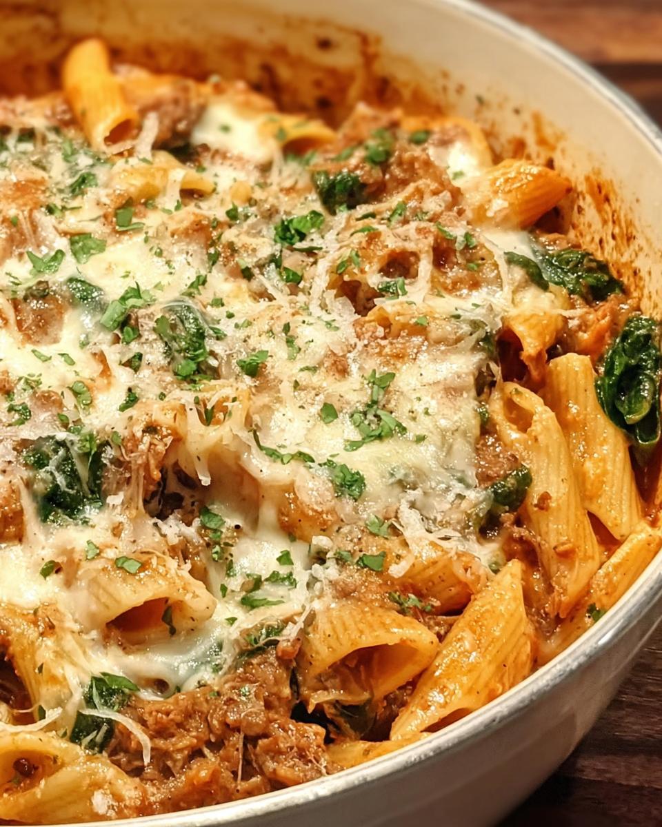 Close-up of a baked Creamy High Protein Beef Pasta casserole with melted cheese and parsley.