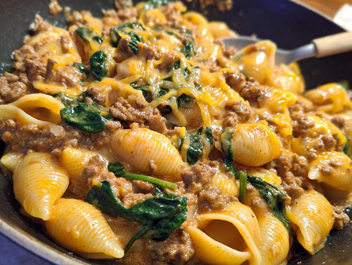 Close-up of Creamy High Protein Beef Pasta with spinach and melted cheese in a skillet.