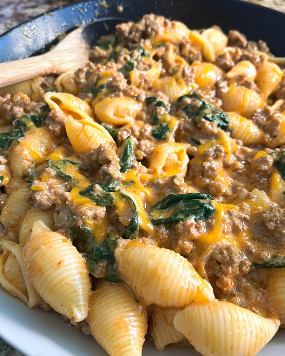 Close-up of Creamy High Protein Beef Pasta with spinach and melted cheese in a skillet.