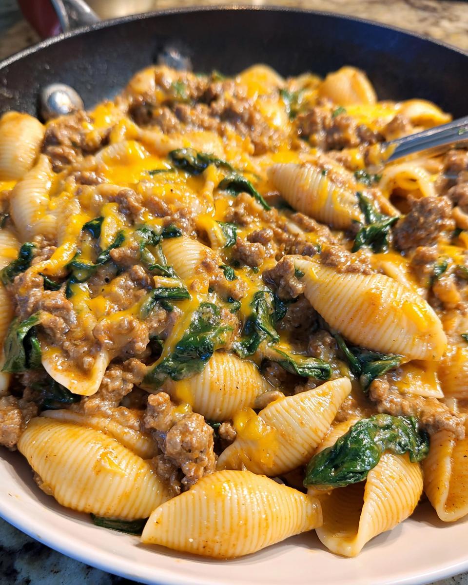 A close-up of Creamy High Protein Beef Pasta mixed with spinach and topped with melted cheddar cheese.